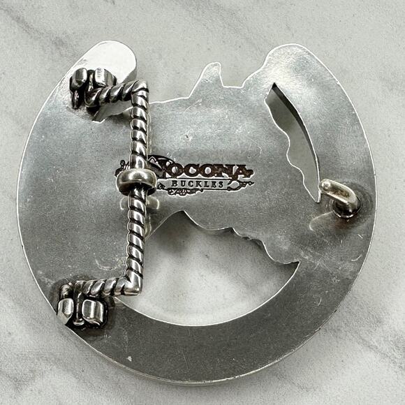 Nocona Rhinestone Horse Horseshoe Western Belt Buckle Silver Tone ✨ - Picture 2 of 16